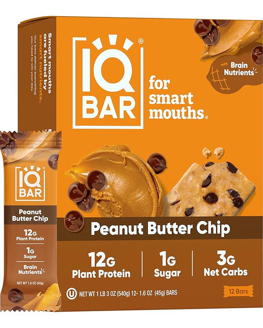 IQBAR Brain and Body Plant Protein Bars - Peanut Butter Chip - 12 Count, Low Carb, High Fiber