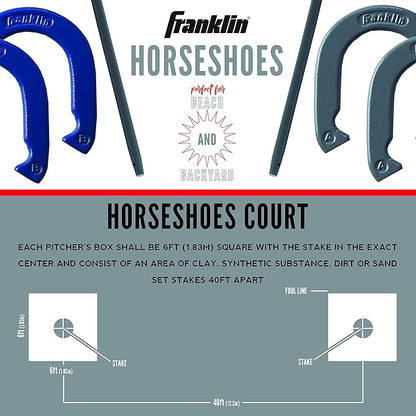 Franklin Sports Horseshoes Sets - Metal Horseshoe Game Sets for Adults + Kids - Official Weight Steel Horseshoes - Beach + Lawn Horseshoes Sets - Sets Include (4) Horseshoes and (2) Ground Stakes