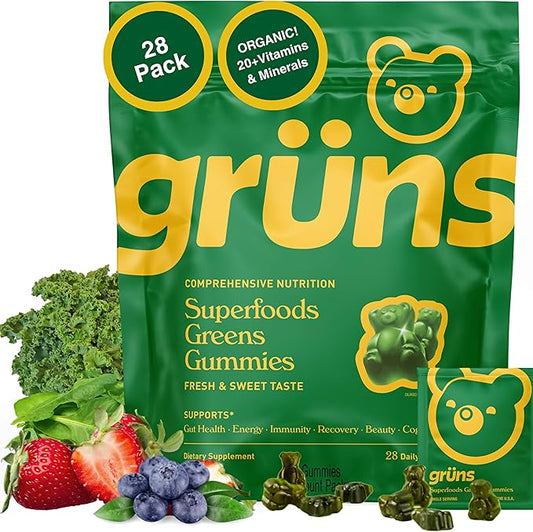 Gruns Adults Super Greens Gummies, Multivitamin Superfood Gummy Bears with Spirulina, Chlorella