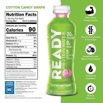 Ready® Protein Water ??20g Whey Protein Isolate, Zero Sugar, Low-Calorie Sports Drink for Hydration & Recovery ??Electrolytes, Essential Amino Acids ??Cotton Candy Grape, 16.9 fl oz Bottles (12-Pack)
