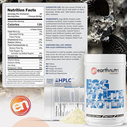 EarthNutri - Egg White Protein Powder Supplement for Pre, Intra or Post Workout, 26g of Protein Per Serving, Supports Muscle Strength & Recovery, No Artificial Additives - Cookies 20 Servings (640g)