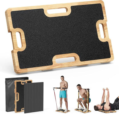Wooden Fitness Board - Resistance Band Workout Footplate with Foam Pad & Storage Bag - Wood Exercise Step Platform with Non-Slip Surface for Home Body Gym, Strength Training