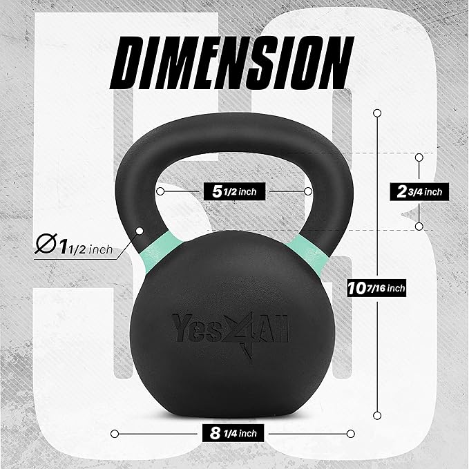 Yes4All Kettlebell, Heavy Duty Powder Coated Cast Iron Kettlebells, Non-Slip Handle & Flat Bottom for Conditioning, Strength Training & Full Body Exercises at Home Gym - Single & Pair