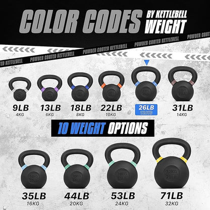 Yes4All Kettlebell, Heavy Duty Powder Coated Cast Iron Kettlebells, Non-Slip Handle & Flat Bottom for Conditioning, Strength Training & Full Body Exercises at Home Gym - Single & Pair