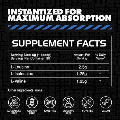 Gains in Bulk BCAA Powder, Pre Workout Plant Based Branch Chain Amino Acids, Gluten Free, Vegan Supplement with Keratin for Endurance & Strength During & Post Workout, Unflavored, 90 Servings