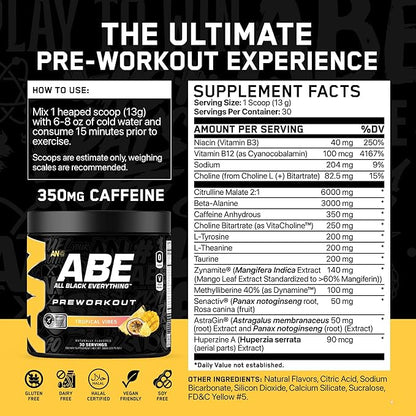 All Black Everything Pre Workout Powder | 30 Servings | Tropical Vibes | 350mg Caffeine | Nootropic Pre-Workout Blend | Beta Alanine + Citrulline | Energy Supplement for Men and Women
