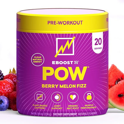 EBOOST POW Natural Pre Workout Powder - 20 Servings - Berry Melon Fizz - Pre Workout Supplement for Performance, Joint Mobility Support, Energy, Focus - Men & Women - Non-GMO, Gluten-Free, No Creatine