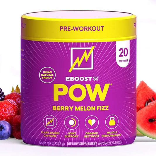 EBOOST POW Natural Pre Workout Powder - 20 Servings - Berry Melon Fizz - Pre Workout Supplement for