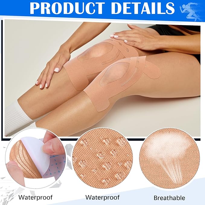 50 Pcs Precut Kinesiology Tape for Knees Pain Relief Elastic Waterproof Athletic Knee Tape for Support Stability Sports (Black,Blue,Skin Color)
