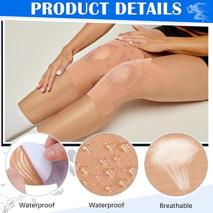 50 Pcs Precut Kinesiology Tape for Knees Pain Relief Elastic Waterproof Athletic Knee Tape for Support Stability Sports (Black,Blue,Skin Color)