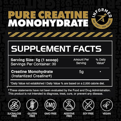 Gains in Bulk Instantized Creatine Monohydrate for Women and Men, Soluble Creatine Powder, Supports Muscle Building, Strength and Performance, Bodybuilding Supplements, Unflavored, 30 Servings