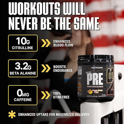 NutraBio STIM-Free PRE Workout for Men, New Formula | Laser Focus, Extreme Pumps | Performance, Endurance | 10g Citrulline, Beta Alanine, Nitrates, Nootropics, Electrolytes - 20 Servings Orange Mango