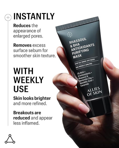 Allies of Skin 2% BHA & Rhassoul Clay Face Mask | Weekly Treatment to Reduce Pores and Blemishes | Control Breakouts, Acne and Blackheads | Hydrate and Retain Moisture (1.7 oz)