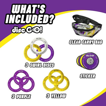 DiscGO! Game 9 Soft Silicone Discs, Play Indoor/Outdoor for Fun, Gift, Family, Camping, Parties, Tailgating, Team Building, Classroom, Portable Travel Games for Kids & Adults (Yellow, White & Purple)