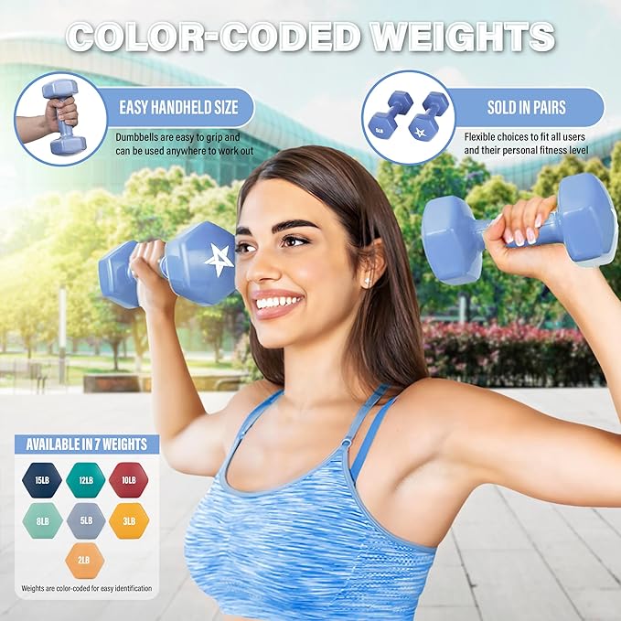 Yes4All Vinyl Hexagon Dumbbell - Dumbbells Set of 2 Hand Weights for Home Gym & Strength Training (2-15 lbs Weight Options)