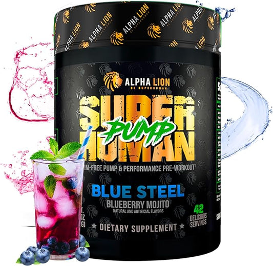 ALPHA LION Superhuman Pump Pre Workout Powder, Nootropic Caffeine & Stim Free Preworkout Supplement, Nitric Oxide Booster, Muscle Gainer, Energy & Focus (42 Servings, Blueberry Steel Flavor)