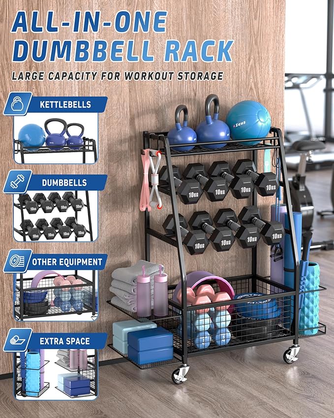 Weight Rack for Dumbbells - Home Gym Storage Rack - Dumbbell and Weight Organizer with 4 Flexible Wheels and Unique Storage on Both Sides