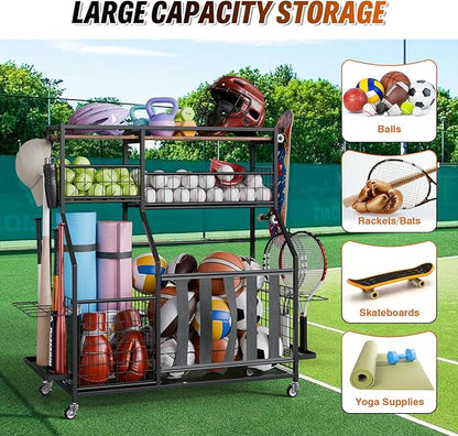 Sports Equipment Organizer, Garage Storage with Basket and Hooks, Rolling Cart with Wheels for Toy Sports Gear Storage, Ball Rack for Indoor/Outdoor
