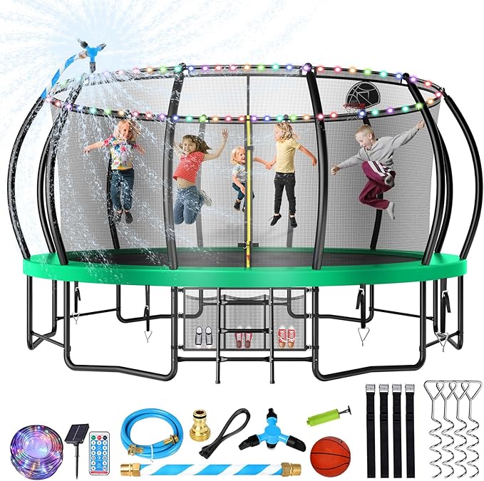 12 14 15 16FT Trampoline Outdoor with Basketball Hoop, Trampoline with Lights for Kids and Adults, Recreational Trampolin with Sprinkler, Stakes