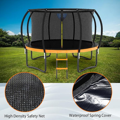 Trampoline 12FT 14FT 15FT 16FT for Kids/Adults - Outdoor Recreational with Enclosure Net Curved Poles and Ladder, Heavy Duty Anti-Rust Coating, ASTM Approval
