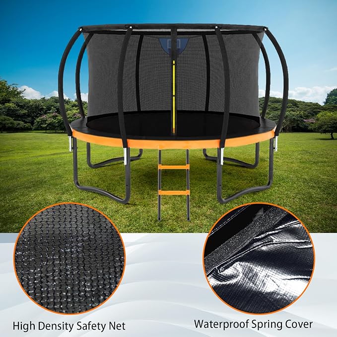 Trampoline 12FT 14FT 15FT 16FT for Kids/Adults - Outdoor Recreational with Enclosure Net Curved Poles and Ladder, Heavy Duty Anti-Rust Coating, ASTM Approval