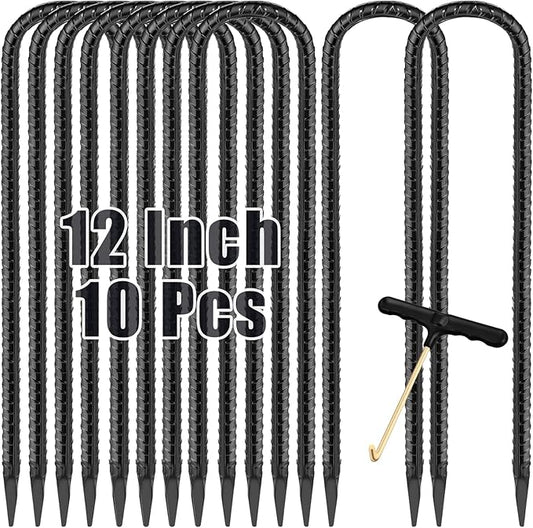 Trampoline Stakes Anchors 10-Pack Trampoline Accessories 12 Inch Wind Stake Heavy Duty High Wind Ground Anchor Galvanized Steel Tie Down Anchor Kit for Swing Set Soccer Goal (10Pcs, Black)