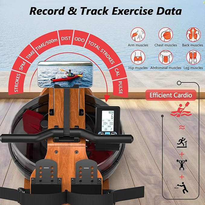 Water Rowing Machine for Home Use, WENOKER Wooden Foldable Rower Machine with Adjustable Monitor & Bluetooth APP, Large Water Tank & Comfortable Seat for Immersive Water Rower, 350LBS Weight Capacity