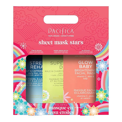 Pacifica 3-Pack Face Sheet Mask Variety Set ??Brightening Vitamin C, Green Detox & Stress Rehab Hydrating Masks for Glowing Skin, Holiday Beauty Gift for Women Teens Girls, Vegan Clean Skincare