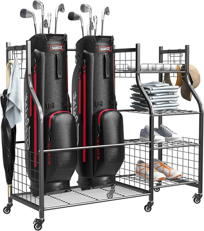 Ultrawall Golf Storage Organizer, Golf Bag Storage Stand for Garage, Golf Equipment Rack with Wheels Fits 2 Golf Bags and Golf Equipment Accessories
