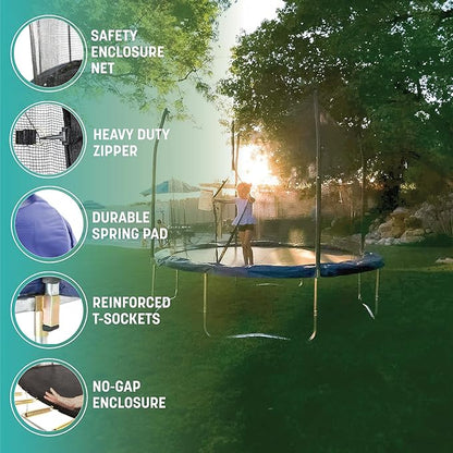 Skywalker Trampoline Outdoor 8 FT, 12 FT, 15 FT Jump N’ Dunk Round Outdoor Trampoline with Net, Trampoline Mat, and Basketball Hoop for Trampoline