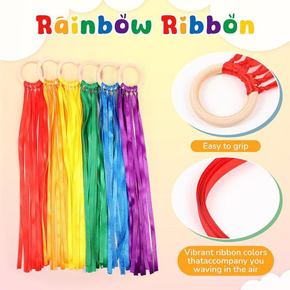 Deekin 12 Pcs Rainbow Ribbon Wooden Waldorf Toys Creative Waldorf Hand Kite Set Streamers with Wood Ring Sensory Learning Educational Toy for Playroom Dancing Birthday(Stylish Color)