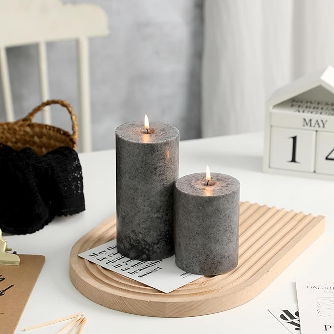 3x4 inch Grey Pillar Candles Set of 3, Unscented Pillar Candles, Dripless and Smokeless Large Candles, Candle for Halloween, Home Decor, Dinner Table,Weddings, Holidays