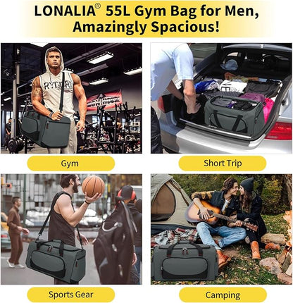 55L Large Sports Duffle Bag for Men - 22 inch Men's Gym Bag Heavy Duty Duffel Bag (Gray)