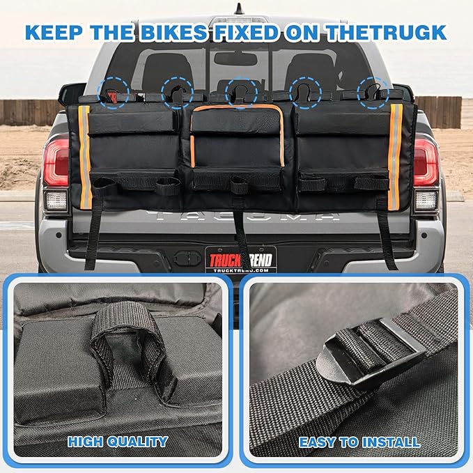 52" Tailgate Bike Pad, 3-in-1 Universal Outdoors Protection Pad Up to 5 Mountain Bikes and Road Bicycles, Thickened Tailgate Cover with Tool Pockets Scratch Shield and Locking