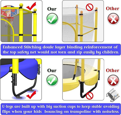 60" Trampoline for Kids, 5 FT Indoor & Outdoor Toddler Baby Trampoline with Basketball Hoop, Safety Enclosure, Birthday Gifts for Kids, Gifts for Boy and Girl, Age 3-8