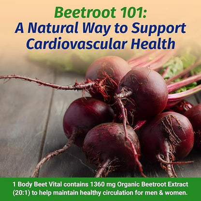 1 Body Beet Vital, Organic Beetroot Supplements for Circulation, Energy, & Stamina, Nitric Oxide Booster Beets Supplements with 1360mg Beetroot Extract, Vegan, Non-GMO, 60 Organic Beet Root Capsules