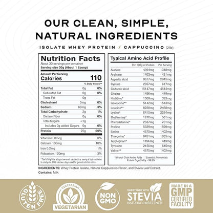 Muscle Feast Grass-Fed Whey Protein Isolate, All Natural Hormone Free Pasture Raised, Whey Isolate Protein Powder for Men and Women, Clean, Gluten-Free, Delicious Isolate Protein - Cappuccino, 2lb