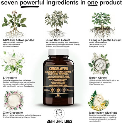Kingslayer: 7-in-1 Testosterone Booster for Men w/KSM-66, Fadogia, Suma Root, L-Theanine, Zinc, Boron, Magnesium ??Muscle, Energy, Libido & Focus