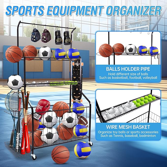 Sport euipment Storage, Garage Sports Equipment Organizer, Ball Storage Rack for Sport Gear, Rolling Sports Ball Storage Cart with Wheels, Indoor/Outdoor