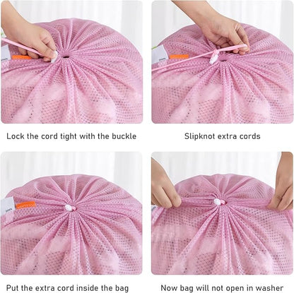 Polecasa Heavy Duty Diamond Large Mesh Laundry Bag with ID Tag and Locking Drawstring Closure - 24 x 36 inches - Laundry Hamper Liner, Washable Laundry Bags for Travel, Sports, Dorms (Pink)