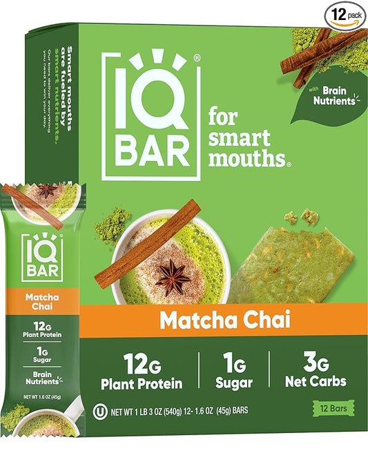 IQBAR Brain and Body Plant Protein Bars - Matcha Chai - 12-Count Low Carb - Gluten Free, High
