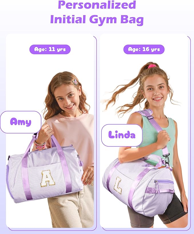Christmas Gift for Her, Girl Gym Bag, Kids Initial Overnight Duffel Bags with Shoe Compartment, Personalized Dance Bag with Makeup Pouch, Tween Girls Gifts Trendy Stuff (Letter W)
