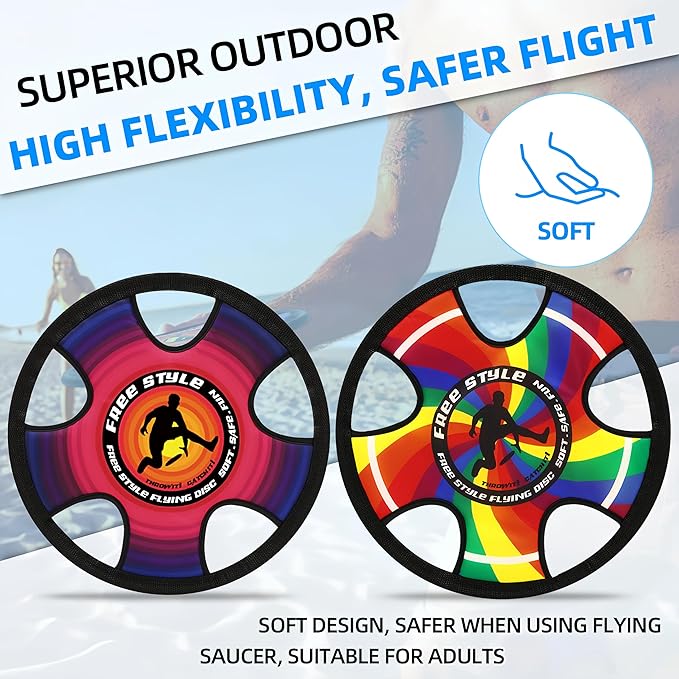 Outdoor Two Soft Frisbee Throwing Disc, Flying Disc, Flying Saucer for Man and Woman in Yard, Beach, Lawn, Camping, Pool (Halo+Rainbow)