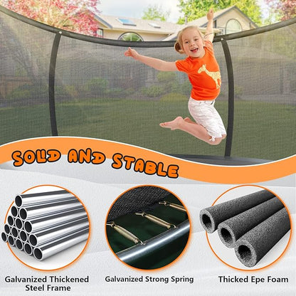 Trampoline 12FT 14FT 15FT 16FT for Kids/Adults - Outdoor Recreational with Enclosure Net Curved Poles and Ladder, Heavy Duty Anti-Rust Coating, ASTM Approval
