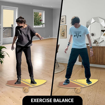 Premium Balance Board Trainer With Rollers - 10 Layer Wooden Exercise Non-slip Surface Fish Tail for Surfing, Paddle, Yoga, Training