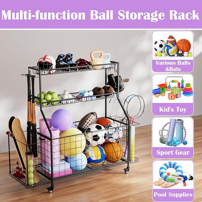 Sports Equipment Organizer, Outdoor Toy Storage - Garage Storage with 2 Side Racks & Removable Baskets, Heavy-Duty Garage Organization Ball Cart with Wheels for Sports