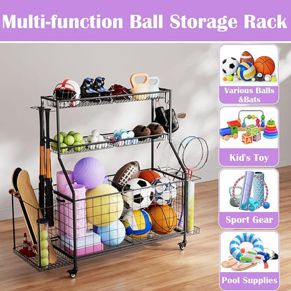 Sports Equipment Organizer, Outdoor Toy Storage - Garage Storage with 2 Side Racks & Removable Baskets, Heavy-Duty Garage Organization Ball Cart with Wheels for Sports