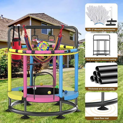 Trampoline for Kids, Full Anti-Rust 440lbs Anti-Rollover Round Bottom Toddler Trampoline, T-handrail Adjustable Baby Toddler Trampolines Dart Board