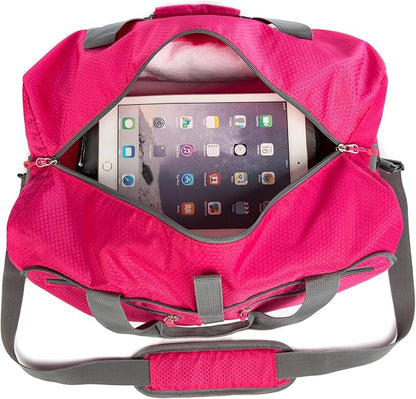 Bago Foldable Duffel Bags for Traveling Women & Men - 40L Sports Packable Duffle Bag for Travel with Shoe Compartment - Water Repellant, Heavy Duty, Lightweight Folding & Collapsible (Pink)