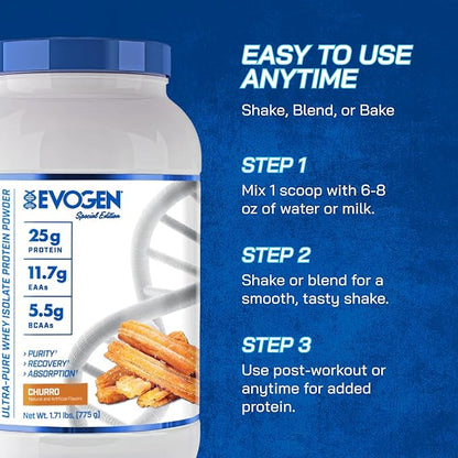 Evogen Isoject - Whey Protein Isolate | Ultra-Pure Whey Protein Powder with Ignitor Enzymes, BCAAs, and EAAs | Enhanced Absorption & Recovery | Churro | 25 Servings